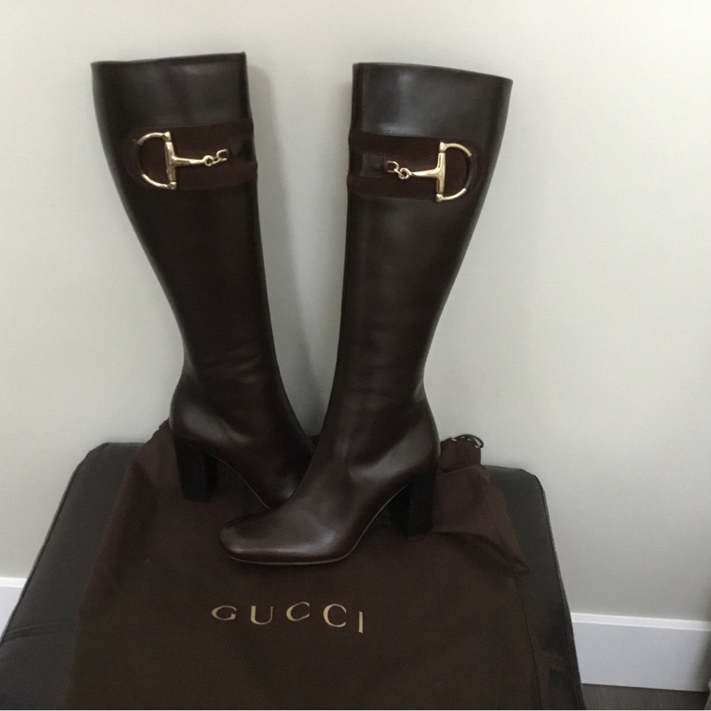 Gucci Women's Dark Brown Heeled Boots with Gold Accents